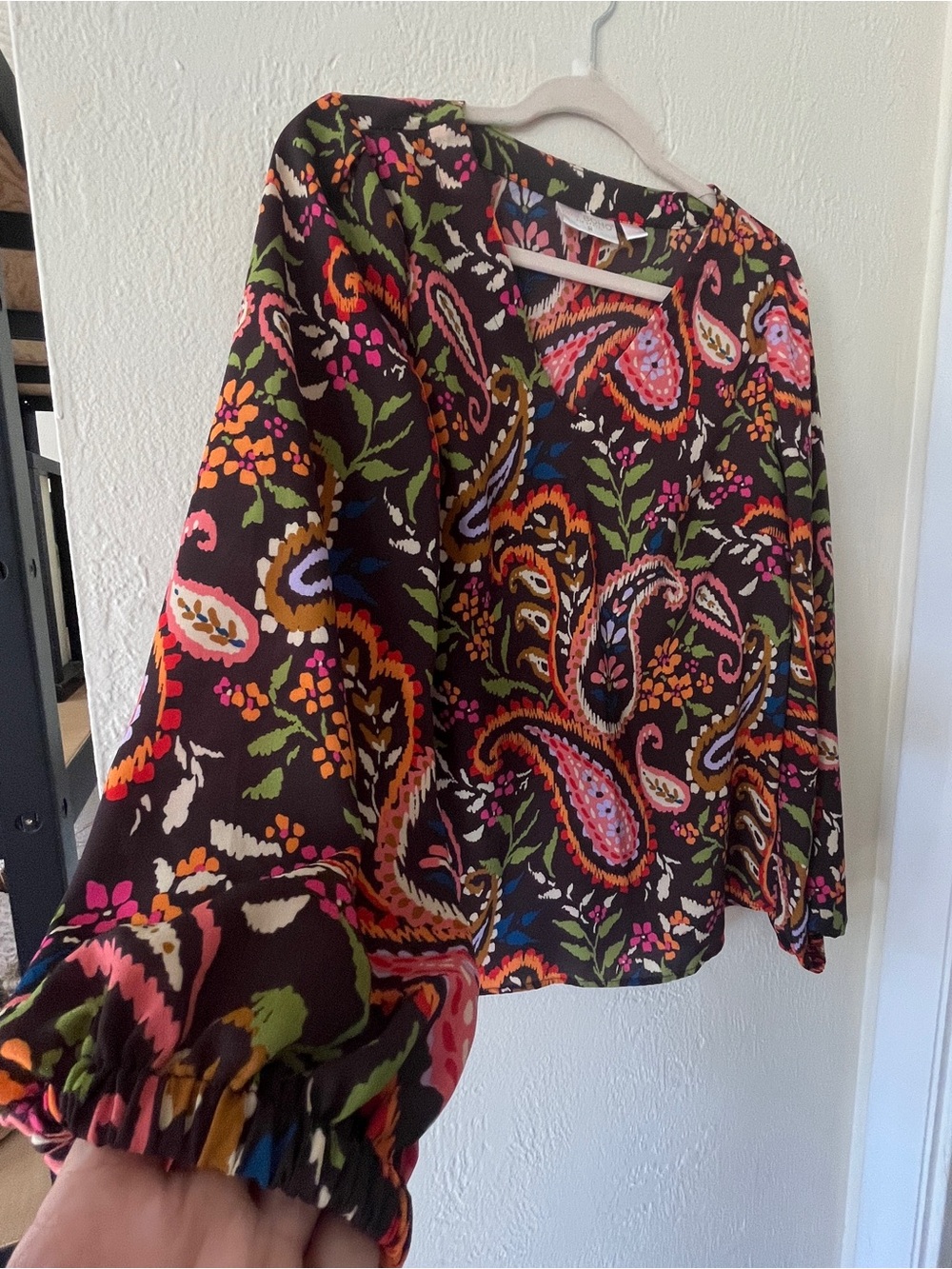 Belle by Kim Gravel Brown V-Neck Blouse with Multicolor Paisley - Picture 2 of 4